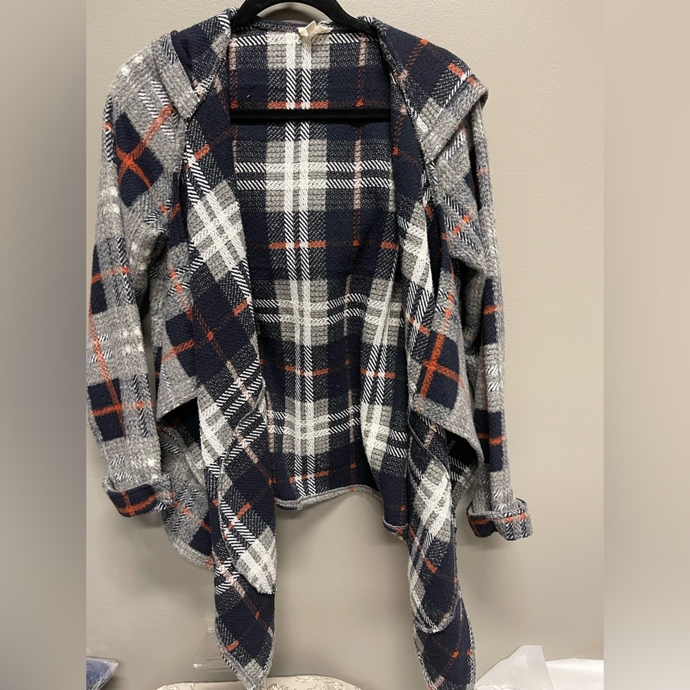 Hem & Thread Gray and Orange Plaid Cardigan